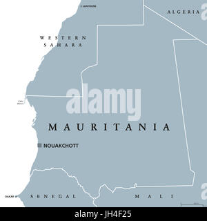 Carte politique de la Mauritanie à Nouakchott. République islamique et arabe des pays dans la région du Maghreb de l'Afrique de l'Ouest. Gris illustration. Banque D'Images