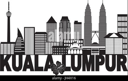 Kuala Lumpur, en Malaisie, les toits de la ville de l'État Texte noir Hibiscus Fleur isolé sur fond blanc Illustration Illustration de Vecteur