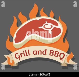 Barbecue et grill de style cartoon logo avec le pain de viande fraîche sur les flammes du feu arrière-plan et le texte ribbon Illustration de Vecteur