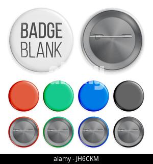 Set de badges vierges vecteur. Illustration réaliste. Vide propre bouton Pin des maquettes. Blanc, Bleu, Rouge, noir, vert. Isolées. Illustration de Vecteur