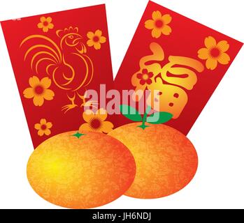 2017 Nouvelle Année lunaire chinoise du Coq les paquets rouges et mandarines isolé sur fond blanc Illustration Illustration de Vecteur