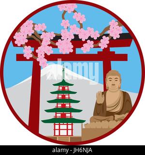 Pagode japonaise Torii Bouddha zen le Mt Fuji Collage en cercle couleur Illustration Illustration de Vecteur