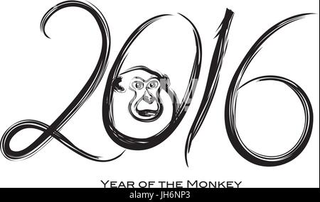 2016 Le Nouvel An chinois du singe de l'encre noire les traits de pinceau de calligraphie sur fond blanc Illustration Illustration de Vecteur