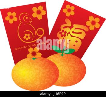 2016 Nouvelle Année lunaire chinoise du singe paquets rouge et mandarines isolé sur fond blanc Illustration Illustration de Vecteur