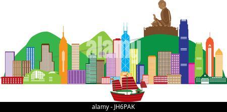 Hong Kong City Skyline et statue du Grand Bouddha Couleur Panorama illustration isolé sur fond blanc Illustration de Vecteur