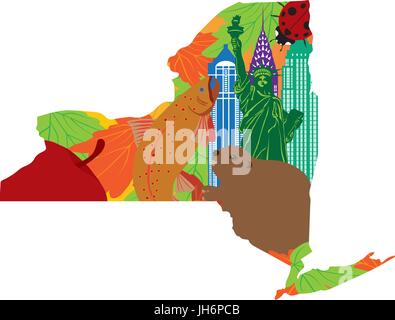 État de New York deux symboles avec Statue de la liberté de l'omble de fontaine Castor Ladybug Big Apple dans les feuilles d'érable à sucre Site illustration couleur de contour Illustration de Vecteur