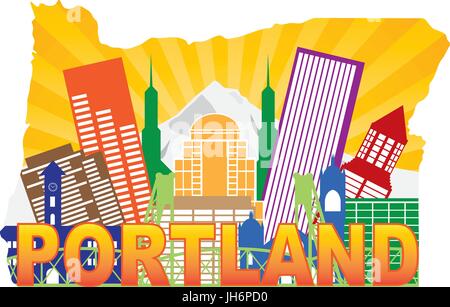 Portland Oregon City Skyline avec Mount Hood Hawthorne Bridge à la carte illustration couleur de contour Illustration de Vecteur