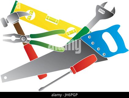 Outils de menuiserie Construction Niveau Marteau Pince clé Tournevis Scie à bois Collage en couleurs illustration isolé sur fond blanc Illustration de Vecteur