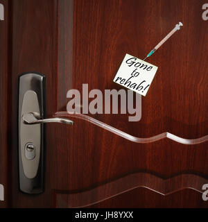 Allé en désintox ! Le texte est écrit sur un post-it épinglé à une porte en bois avec une aiguille d'acier à une seringue. Une serrure de porte est également visible. Banque D'Images