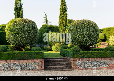 Mur de briques et escaliers dans jardin de haies Banque D'Images