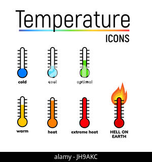 Icônes de température définie, clip art.-étroite gamme de thermomètres au mercure montre différentes conditions météorologiques. Froid, chaud, froid, chaleur optimale, et de la chaleur extrême. Banque D'Images