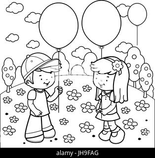 Enfants au parc jouant avec des ballons. Enfants heureux, fille et garçon avec des ballons dans leurs mains. Page de coloriage noir et blanc vectoriel. Illustration de Vecteur