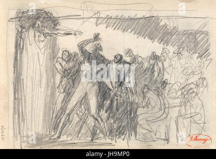 Le tableau « Macbeth - banquet Scene » de George Romney représente un moment charnière dans la pièce de Shakespeare, montrant Macbeth à la table du banquet avec le fantôme de Banquo. La scène dramatique capture les tourments psychologiques que Macbeth vit alors qu'il voit le fantôme de son ami assassiné, mettant l'accent sur les thèmes de la culpabilité et de l'ambition. Banque D'Images