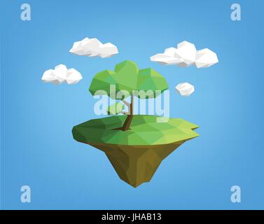 Faible - style paysage poly arbre sur l'île, ciel bleu et nuages. illustration polygonale Banque D'Images