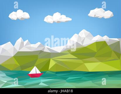 Illustration du paysage - montagne, lac et bateau à voile low poly graphique - Locations de contexte Illustration de Vecteur