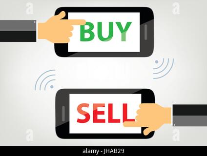 L'achat et la vente de concept illustration avec les mains sur les téléphones mobiles Banque D'Images