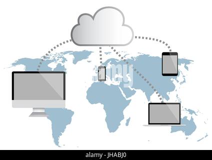 Cloud computing infographie vector illustration. carte du monde, les gens avec tablette, smartphone et ordinateur portable Banque D'Images