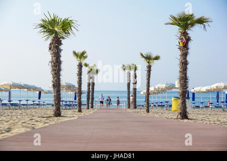 JESOLO , ITALIE 02, juin 2017 : Passage pour piétons à l'accès à la plage avec des palmiers. Le Queso système est la meilleure façon d'obtenir sur la plage pour les baigneurs sur les vacances d'été .palmiers dans le parc de la ville Banque D'Images