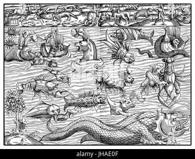 Monstre marin avec l'océan et les animaux sur terre, la gravure médiévale fantastique, l'année 1550 Banque D'Images