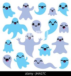 Kawaii cute ghost design personnages - Halloween concept Vector icons set pour l'Halloween - cartoon caractères friendly ghost isolated on white Illustration de Vecteur