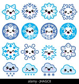 Kawaii flocons, les nuages de neige - Noël, d'hiver icons set Vector icons set of cute Kawaii - flocons isolated on white Illustration de Vecteur