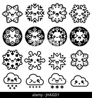 Kawaii flocons, les nuages de neige - Noël, d'hiver icons set Vector icons set of cute Kawaii - flocons isolated on white Illustration de Vecteur