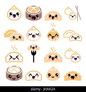 Kawaii cute Asian dumplings chinois, dim sum alimentaire vector icons set Illustration de Vecteur