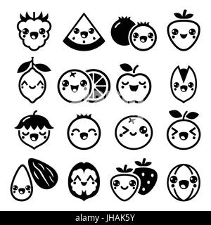 Fruits et noix Kawaii cute design personnages Illustration de Vecteur