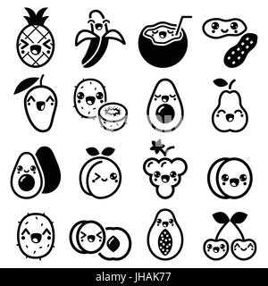 Fruits et noix Kawaii cute caractères icons set Illustration de Vecteur