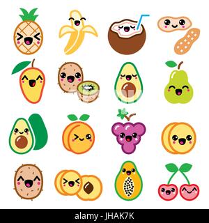 Fruits et noix Kawaii cute caractères icons set Illustration de Vecteur