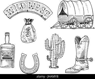 Wild West Show, Rodeo, Sheriff, cowboy ou indiens. panier en bois et d'un écriteau, sac d'argent, démarrer avec horseshoe, whisky et cactus. gravés à la main dans de vieux croquis ou Monochrome et esprit vintage. Illustration de Vecteur