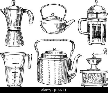 D'une cafetière ou d'une meuleuse, presse française, la mesure de la capacité, le chinois théière ou électrique. Chef de cuisine et des ustensiles de cuisine, de trucs pour la décoration. menu gravé à la main dans de vieux croquis, esprit vintage. Illustration de Vecteur