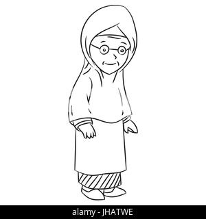 Croquis dessinés à la main de grand-mère malais Cartoon caractère isolé, noir et blanc Cartoon Vector Illustration pour livre de coloriage - Ligne dessinée Vector Illustration de Vecteur