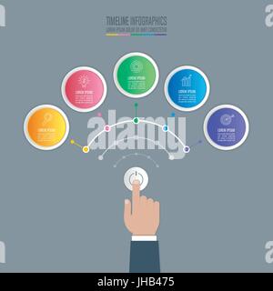 Concept créatif pour l'infographie avec 5 options. main tenant le bouton démarrer avec une ligne du temps en conception d'infographie et de marketing icons Illustration de Vecteur