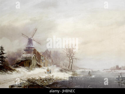 Frederik Marinus Kruseman - Hiver landschap rencontré gehucht, windmolen en figuren Banque D'Images