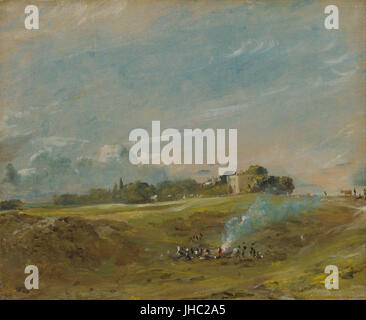 Une peinture de John Constable, intitulée 'Hampstead Heath, with a Bonfire', représentant une scène rurale paisible en Angleterre avec un feu de joie. Banque D'Images