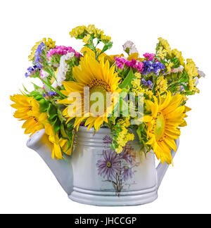Couleur jaune tournesol et fleurs sauvages dans un livre blanc, sprinkleur arrosoir, Close up, isolé, décoration Banque D'Images