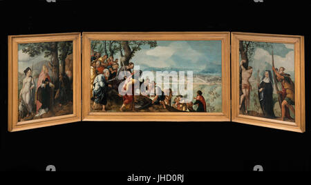 Lorenzo Costa - Triptyque avec l'entrée du Christ à Jérusalem, saints et à l'extérieur des ailes, patrons de... - Banque D'Images