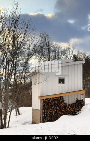 Petit chalet en bois bois blanc-pile sous un abri latéral placé à côté de la route E10 en passant par Vestpollen village de Austnesfjorden. Le centre de Banque D'Images