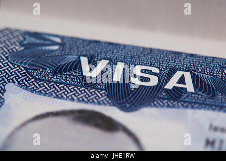 United State tampon de visa Passeport page en macro Banque D'Images