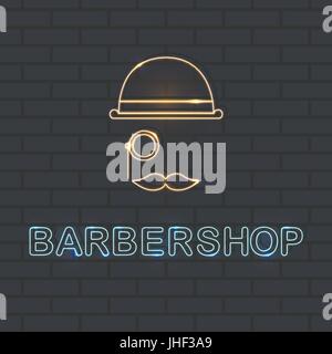 L'icône de néon pour Vector illustration barbershop Barbershop inscription néon bleu et orange neon sign hippie sur mur de brique sombre design tendance de fond Illustration de Vecteur