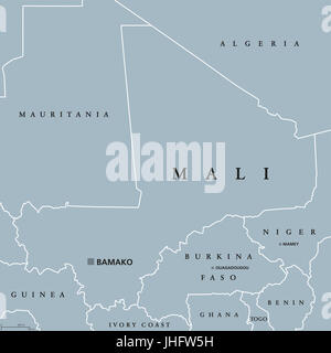 Carte politique du Mali avec capital Bamako, les frontières internationales et des voisins. République et pays sans littoral en Afrique de l'Ouest. Gris illustration. Banque D'Images