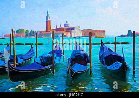 Gondoles le long de la lagune de Venise avec l'église de San Giorgio Maggiore en arrière-plan. --Art Peinture Photo Numérique Banque D'Images