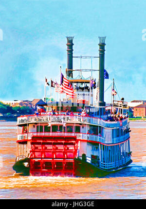 Roue à palettes steamboat Natchez sur le fleuve Mississippi à la Nouvelle Orléans, Louisiane, USA. --Digitl Photo Art Peinture Banque D'Images