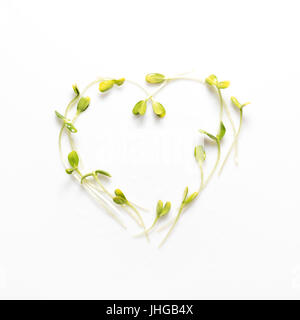 Mini legumes disposés en forme de coeur sur fond blanc. Les pousses de tournesol, luzerne, microgreens. Mise à plat. Nature et aliments sains, l'alimentation, l'eco concept. Banque D'Images