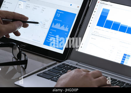 Krynica-Zdroj, Pologne - 11 juillet 2017 : l'utilisation de Google Analytics dans le bureau sur l'écran tactile de sa tablette. Google Analytics est le mos Banque D'Images