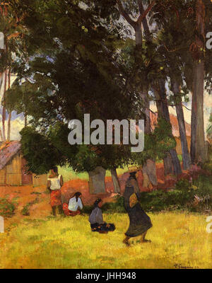 Village 1892 Gauguin tahitienne avec la femme en marche Banque D'Images