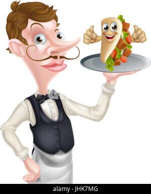 Cartoon Waiter et Thumbs Up Kebab Illustration de Vecteur