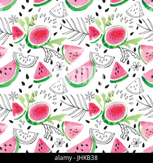 Seamless pattern dans la lobes juteux de pastèques. Contexte aquarelle moderne avec tranches rouge rond vert et des pastèques. Banque D'Images