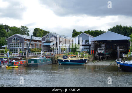 Les hangars à bateaux sur l'île Pie de l'anguille sur la Tamise à Twickenham en Londres Banque D'Images